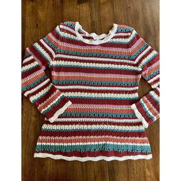 Krazy Kat Boho Pullover Crocheted Open Knit Striped Sweater Autumn Color Pallet - Picture 1 of 12